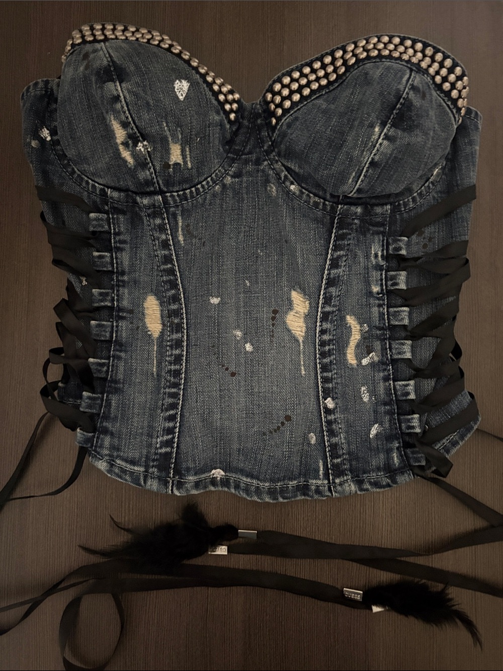 Guess Distressed Dark Blue Denim Corset Camisole with Studded Neckline
